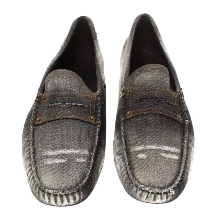Pre Owned Tod's Two Tone Denim Fabric Gommino Penny Slip On Loafers Size 44.5