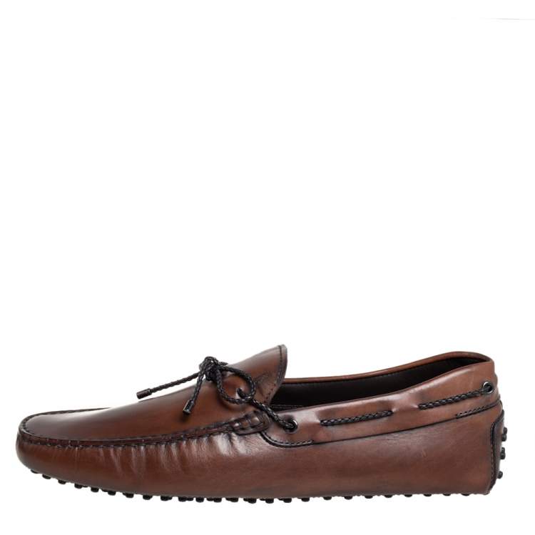 Pre Owned Tod's Brown Leather Braided Bow Slip On Loafers Size 45.5