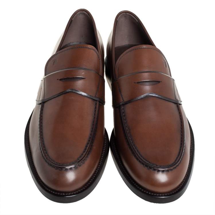 Pre Owned Tod's Brown Leather Penny Slip On Loafers Size 45