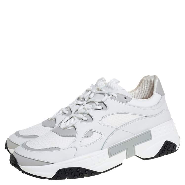 Pre Owned Tod's White/Grey Leather and Mesh Lace Up Sneakers Size 45.5