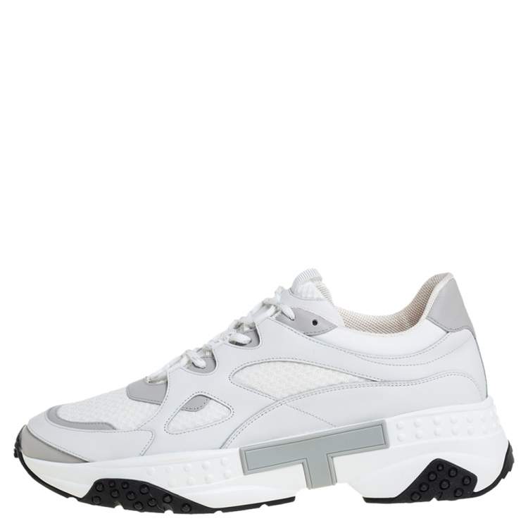Pre Owned Tod's White/Grey Leather and Mesh Lace Up Sneakers Size 45.5