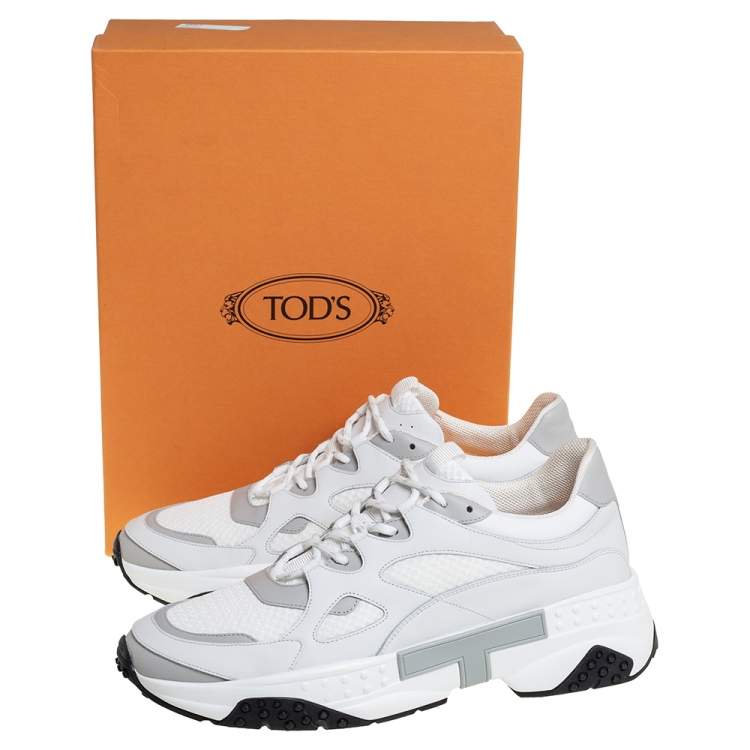 Pre Owned Tod's White/Grey Leather and Mesh Lace Up Sneakers Size 45.5