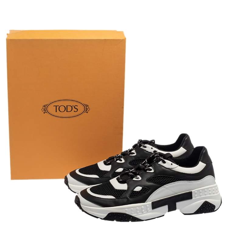 Pre Owned Tod's Black/White Leather And Mesh Lace Up Sneakers Size 42.5