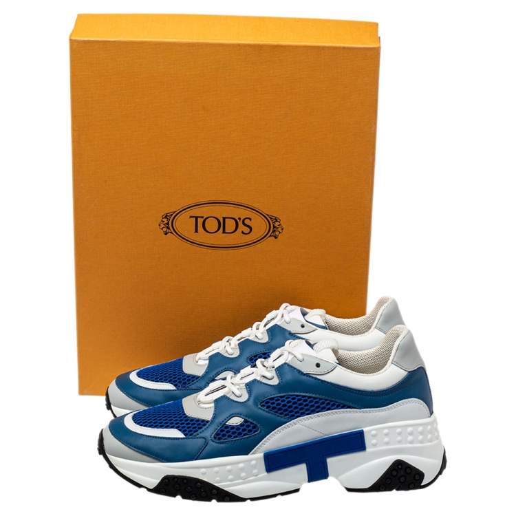 مملوكة مسبقًا Tod's Blue/White Leather And Mesh Lace Up Sneakers Size 41.5