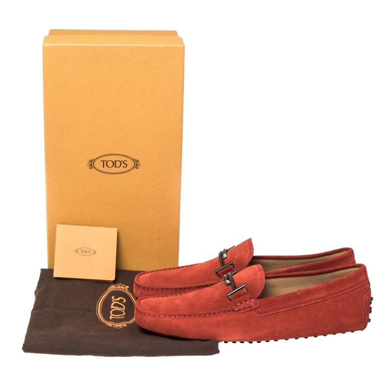 Pre Owned Tod's Red Suede Gommino Double T Slip On Loafers Size 44