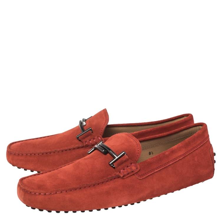 Pre Owned Tod's Red Suede Gommino Double T Slip On Loafers Size 44