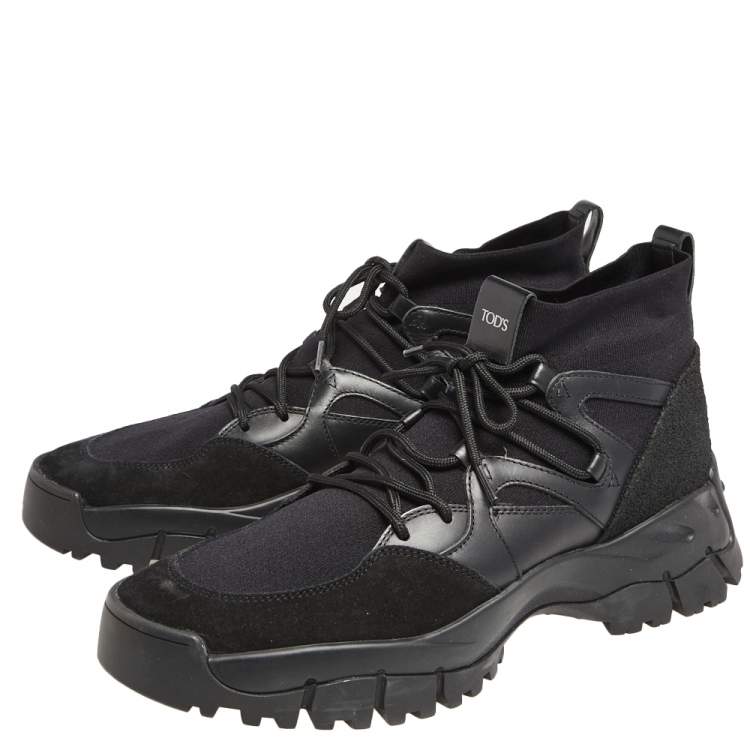 Pre Owned Tod's Black Leather And Suede High Top Lace Up Sneakers Size 42.5