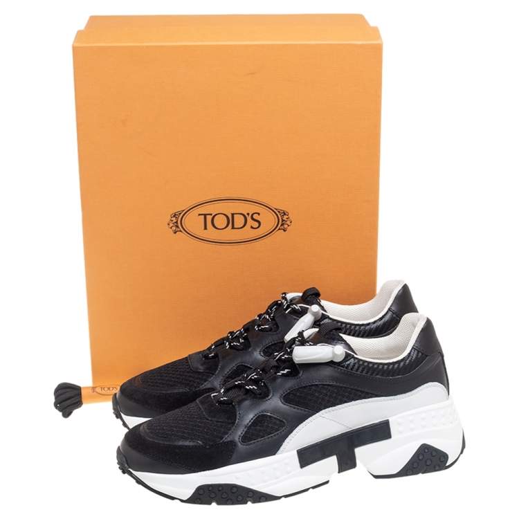 Pre Owned Tod's White/Black Leather and Mesh Lace Up Sneakers Size 42.5