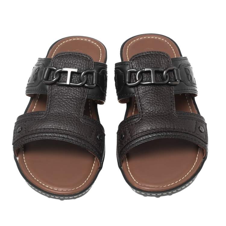 Pre Owned Tod's Dark Brown Leather Slide Sandals Size 42