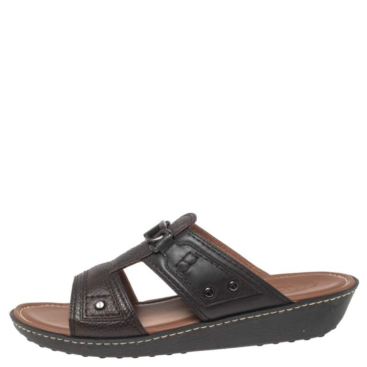 Pre Owned Tod's Dark Brown Leather Slide Sandals Size 42