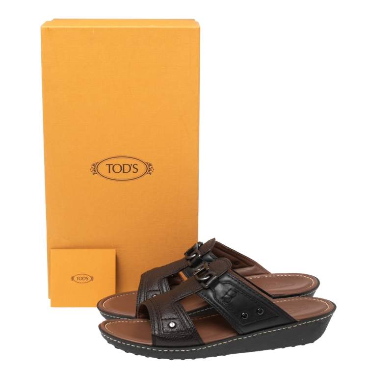 Pre Owned Tod's Dark Brown Leather Slide Sandals Size 42