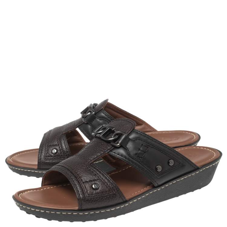 Pre Owned Tod's Dark Brown Leather Slide Sandals Size 42