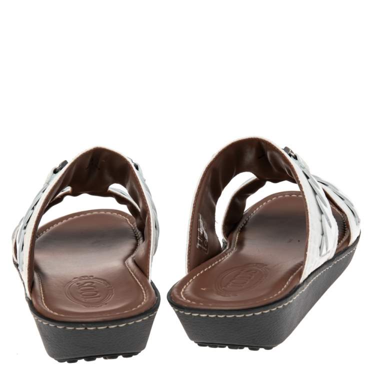 Pre Owned Tod's White Leather Flat Slides Size 43