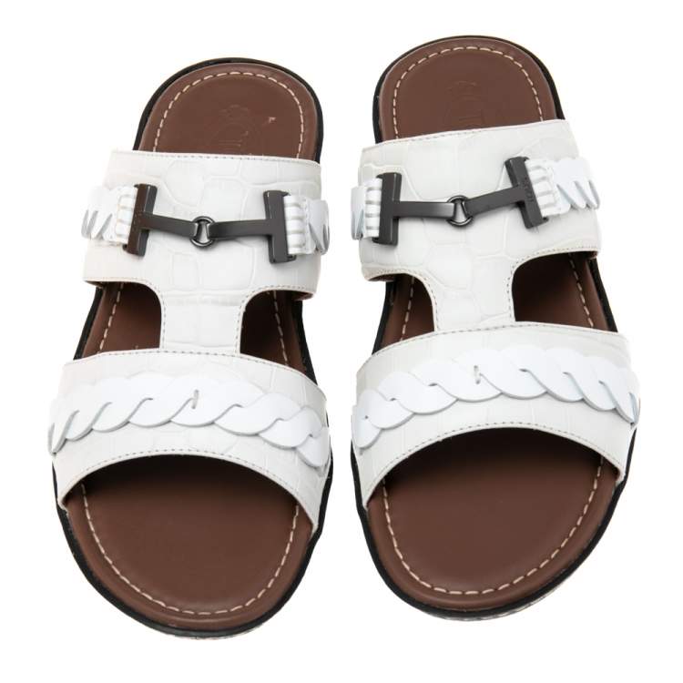 Pre Owned Tod's White Leather Flat Slides Size 43