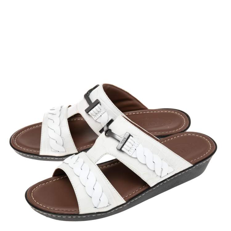Pre Owned Tod's White Leather Flat Slides Size 43