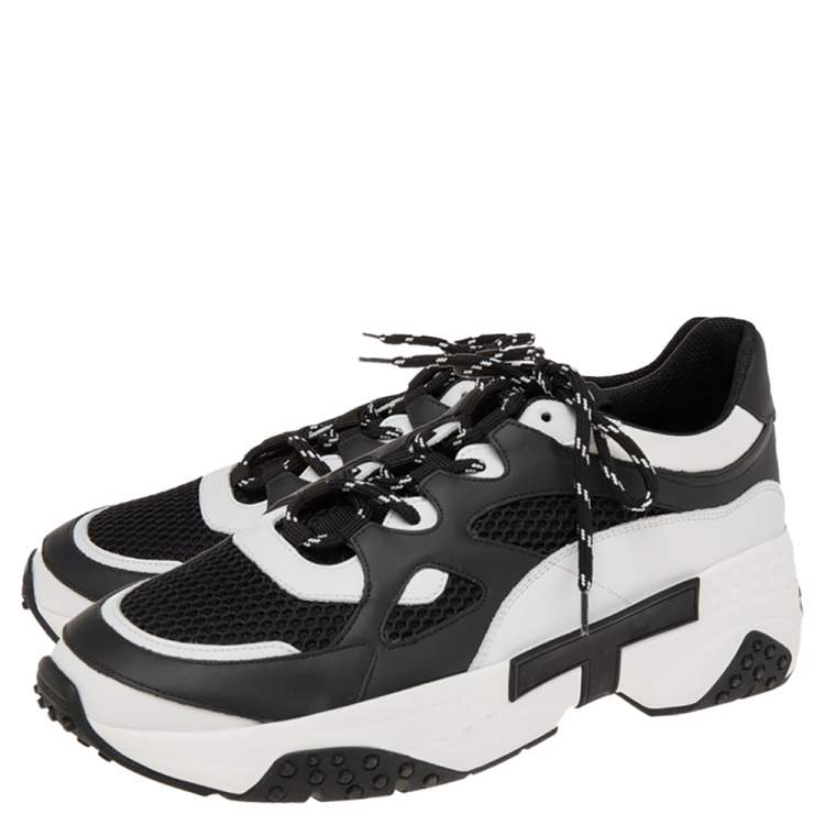 Pre Owned Tod's Black/White Leather And Mesh Lace Up Sneakers Size 44
