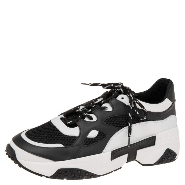Pre Owned Tod's Black/White Leather And Mesh Lace Up Sneakers Size 44