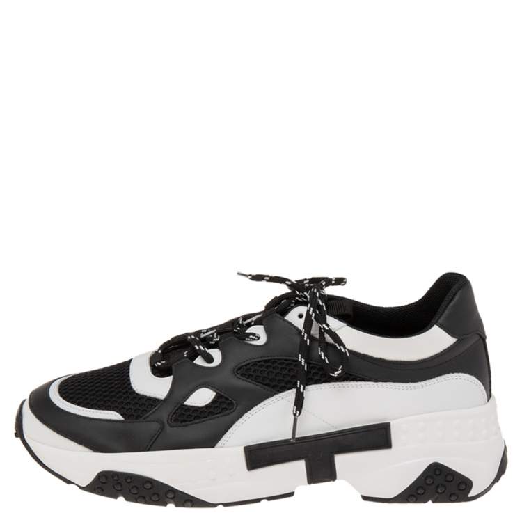 Pre Owned Tod's Black/White Leather And Mesh Lace Up Sneakers Size 44