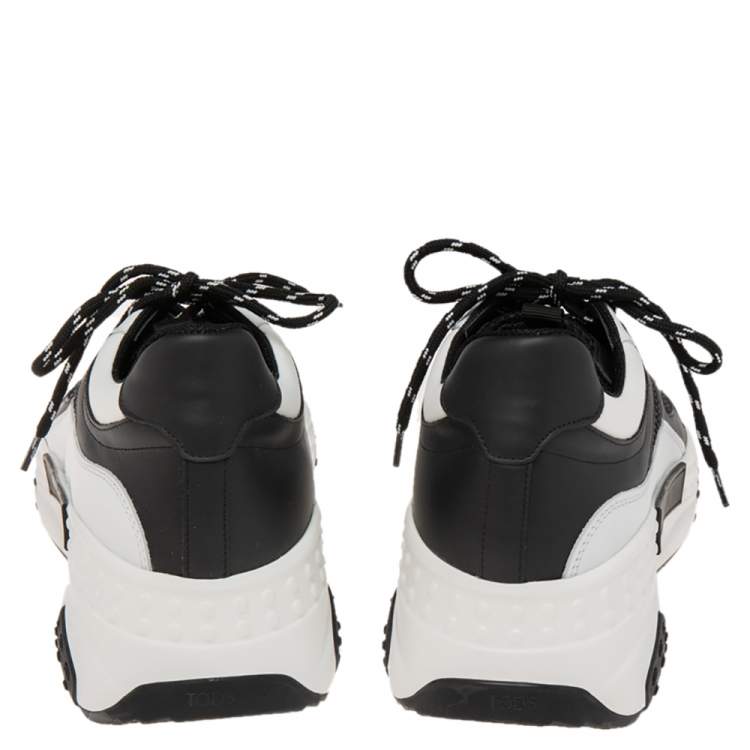 Pre Owned Tod's Black/White Leather And Mesh Lace Up Sneakers Size 44