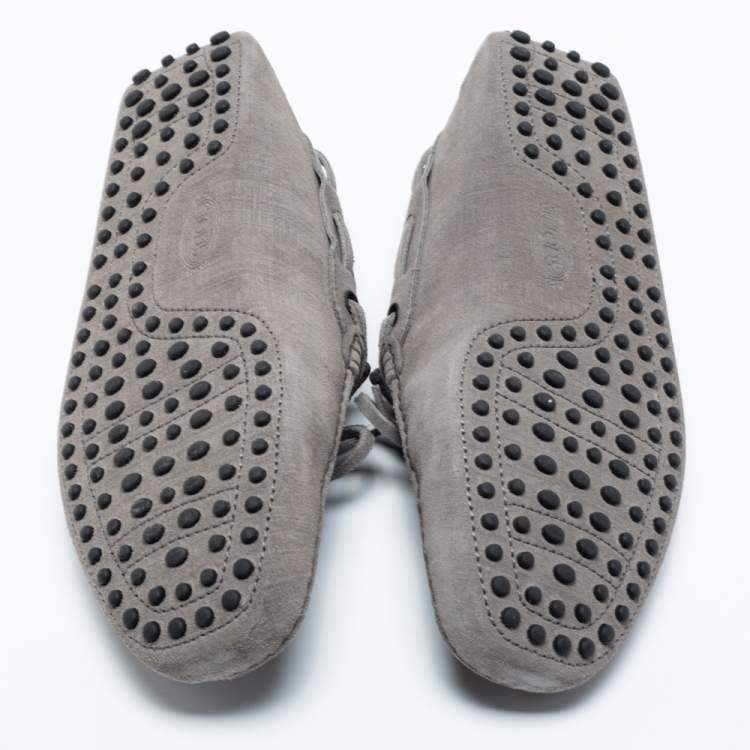 Pre Owned Tod's Grey Suede Bow Driving Slip On Loafers Size 41.5 
