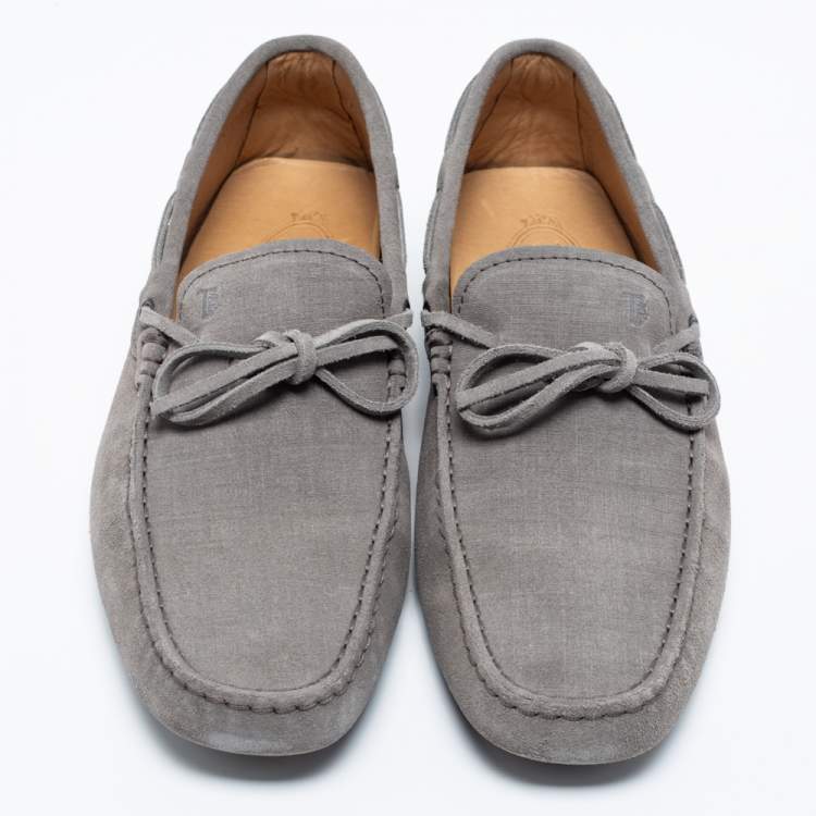 Pre Owned Tod's Grey Suede Bow Driving Slip On Loafers Size 41.5 