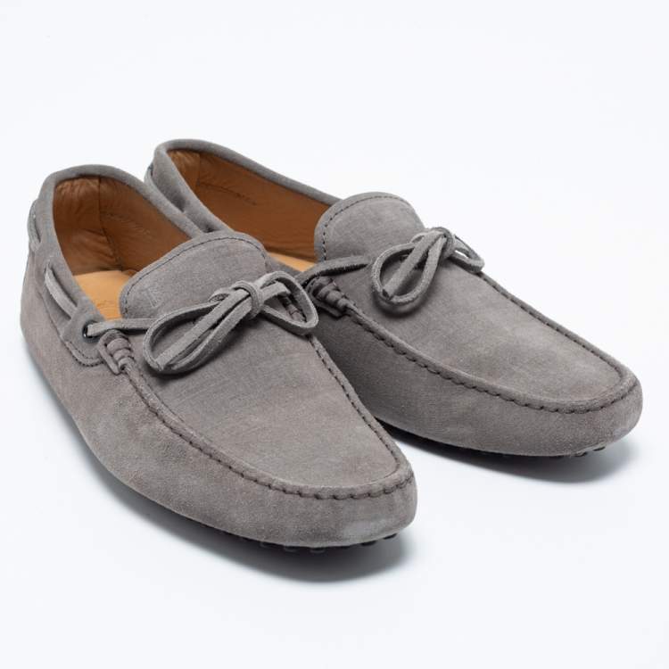 Pre Owned Tod's Grey Suede Bow Driving Slip On Loafers Size 41.5 