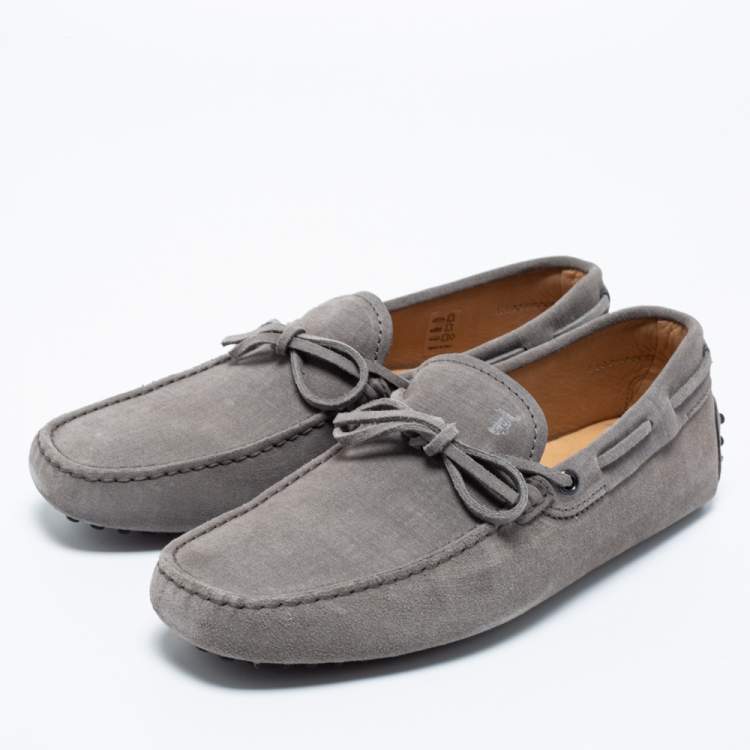 Pre Owned Tod's Grey Suede Bow Driving Slip On Loafers Size 41.5 