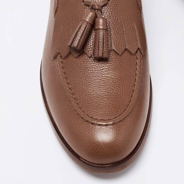 Pre Owned Tod's Brown Leather Fringe Tassel Loafers Size 44.5