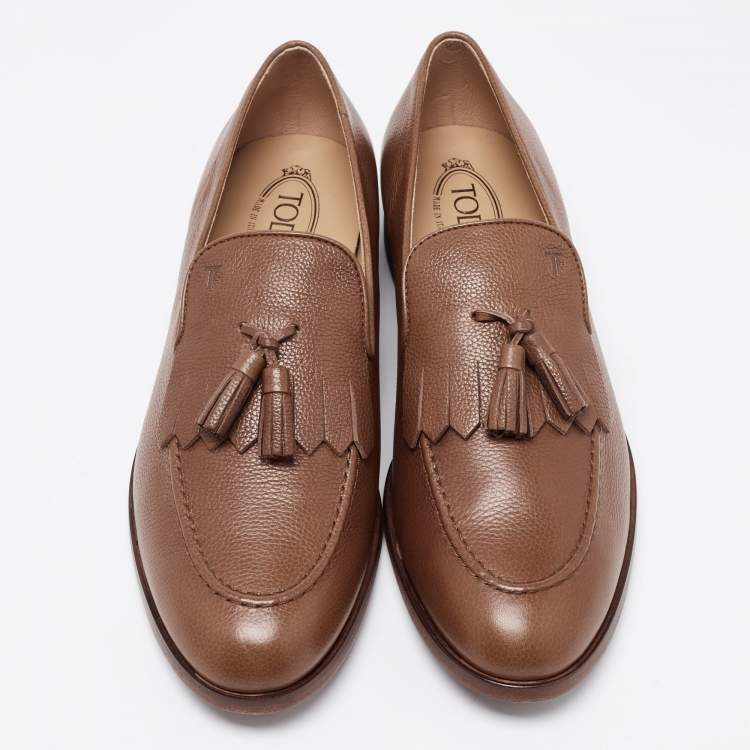 Pre Owned Tod's Brown Leather Fringe Tassel Loafers Size 44.5