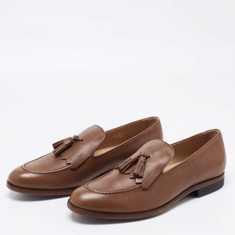 Pre Owned Tod's Brown Leather Fringe Tassel Loafers Size 44.5