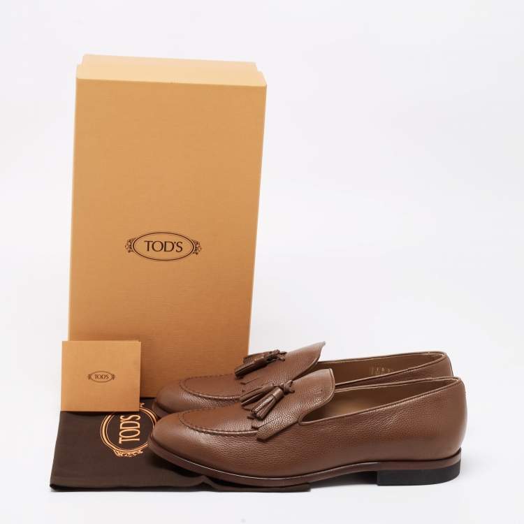 Pre Owned Tod's Brown Leather Fringe Tassel Loafers Size 44.5