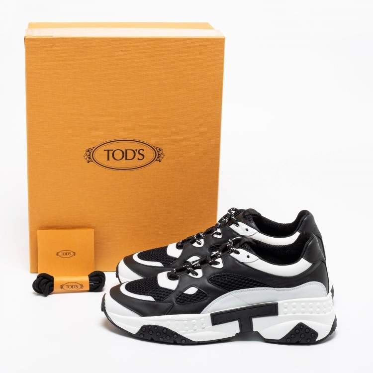 Pre Owned Tod's Black/White Leather And Mesh Active Sporty Sneakers Size 42.5