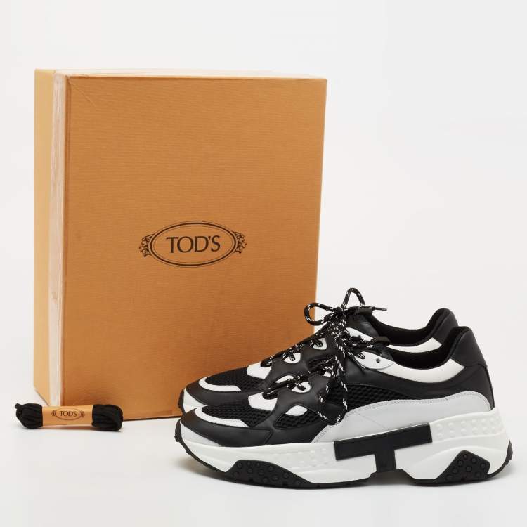 Pre Owned Tod's Black/White Leather and Mesh Lace Up Sneakers Size 43