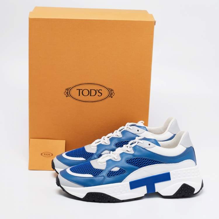 Pre Owned Tod's Blue/White Leather and Mesh Lace Up Sneakers Size 44