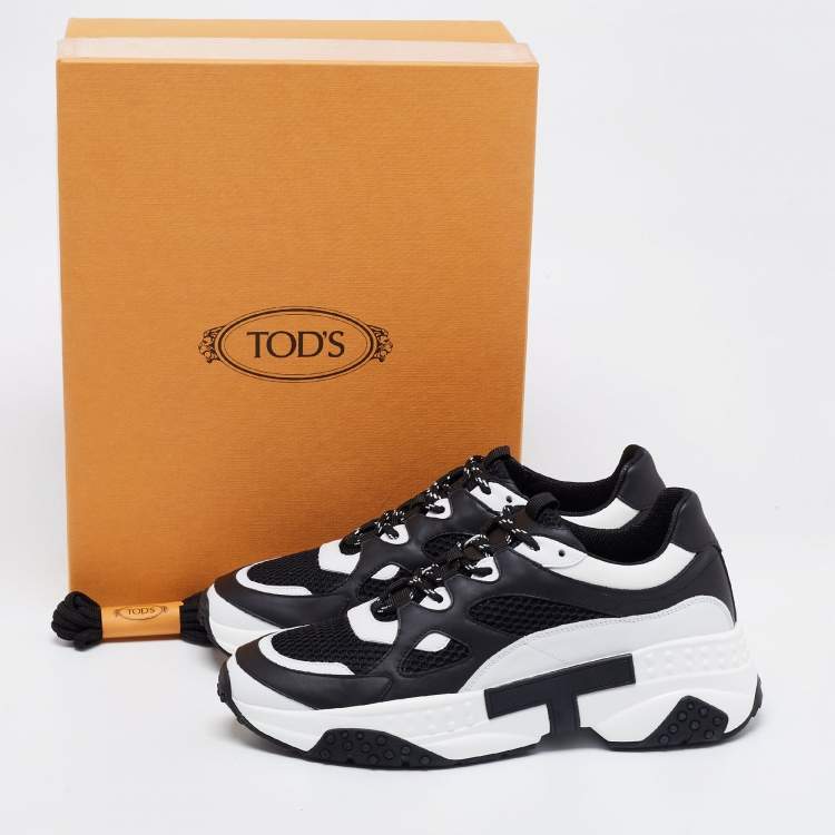 Pre Owned Tod's Black/White Mesh And Leather Low Top Sneakers Size 42