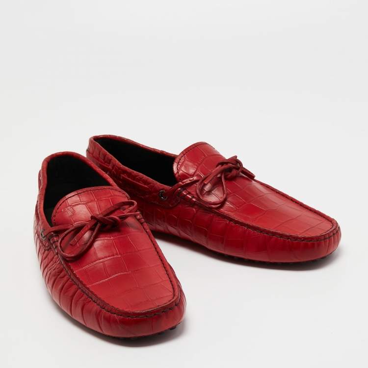 Pre Owned Tod's Red Croc Embossed Leather Penny Slip On Loafers Size 42