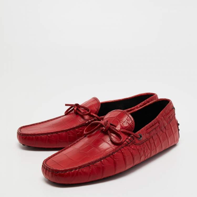 Pre Owned Tod's Red Croc Embossed Leather Penny Slip On Loafers Size 42