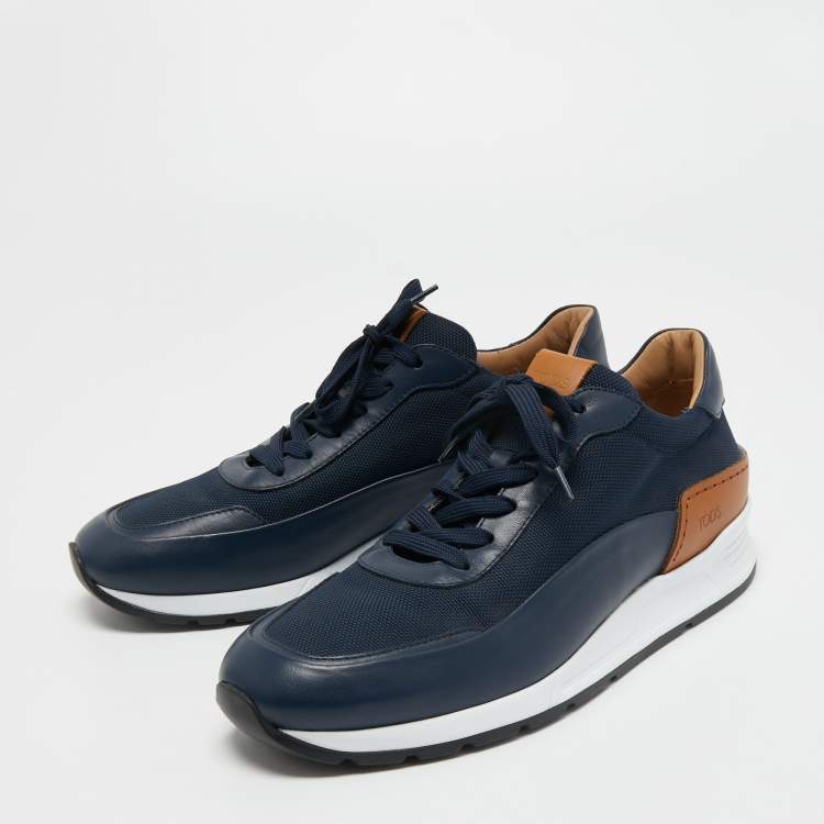 Pre Owned Tod's Navy Blue/Tan Leather and Mesh Low Top Sneakers Size 43