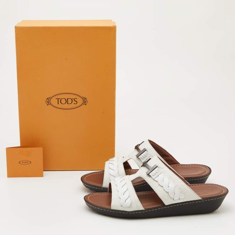 Pre Owned Tod's White Croc Embossed Leather Slide Sandals Size 43