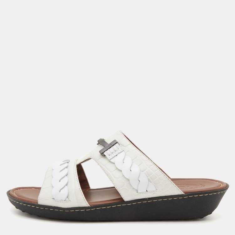 Pre Owned Tod's White Croc Embossed Leather Slide Sandals Size 43