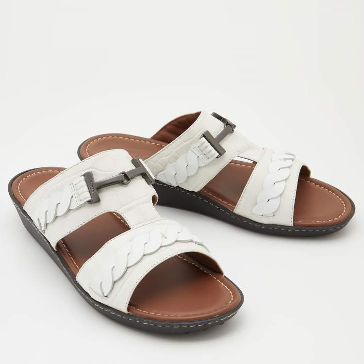Pre Owned Tod's White Croc Embossed Leather Slide Sandals Size 43