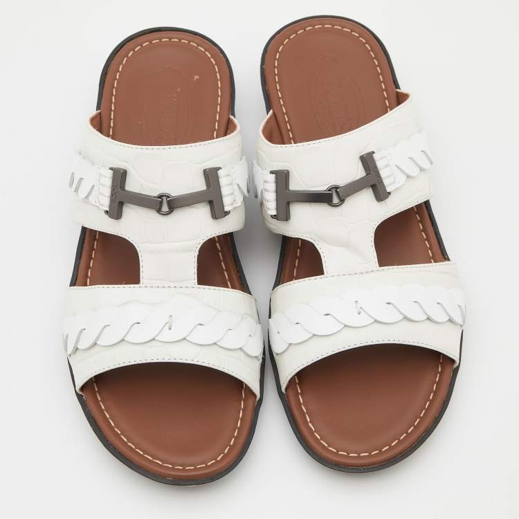 Pre Owned Tod's White Croc Embossed Leather Slide Sandals Size 43