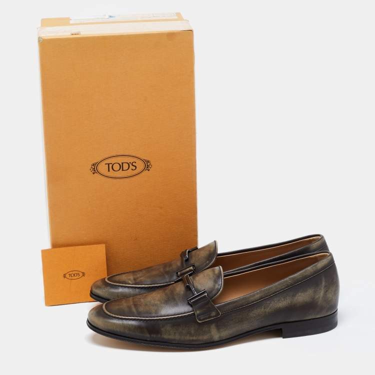 Pre Owned Tods Olive Green Leather Slip On Loafers Size 44.5