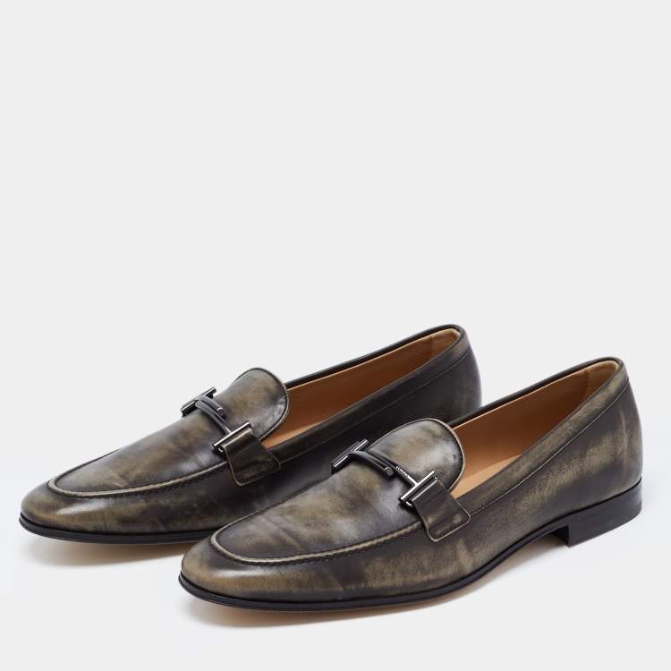 Pre Owned Tods Olive Green Leather Slip On Loafers Size 44.5