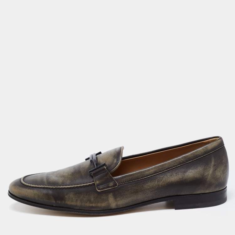 Pre Owned Tods Olive Green Leather Slip On Loafers Size 44.5