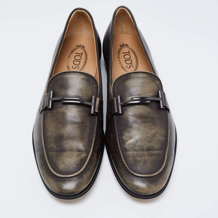 Pre Owned Tods Olive Green Leather Slip On Loafers Size 44.5