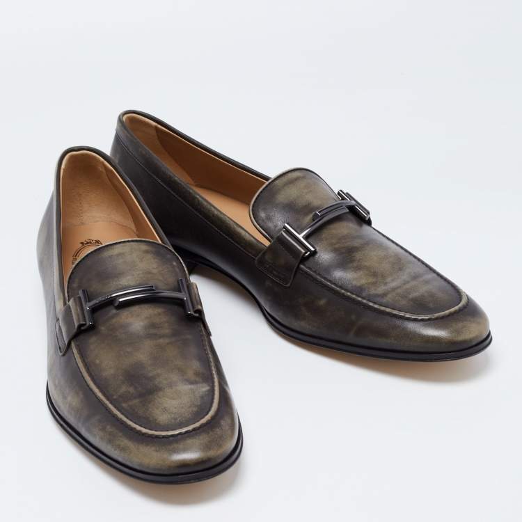 Pre Owned Tods Olive Green Leather Slip On Loafers Size 44.5