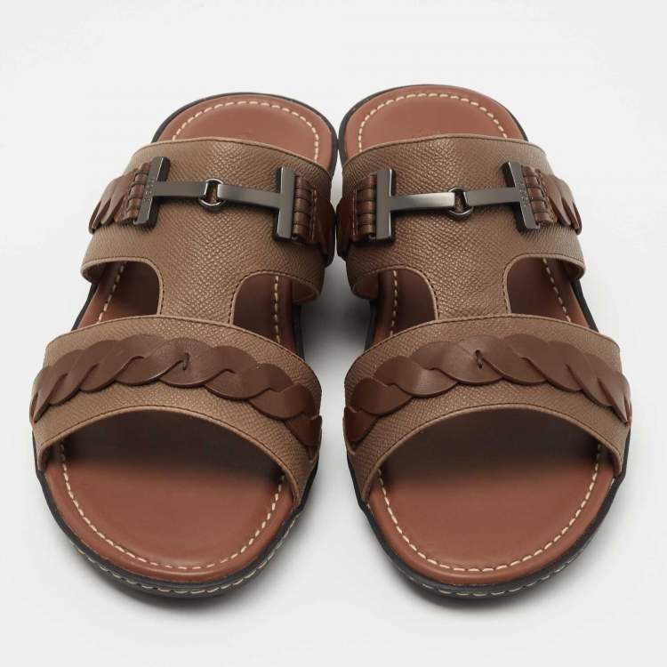 Pre Owned Tod's Brown Leather Slide Sandals Size 42