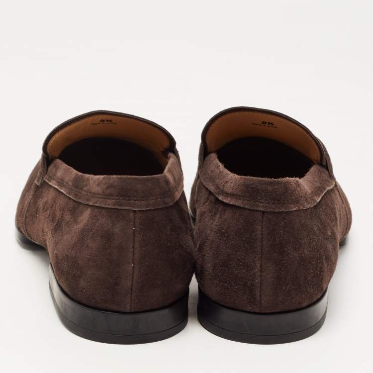 مملوكة مسبقًا Tod's Dark Brown Suede Logo Plaque Loafers Size 42.5 