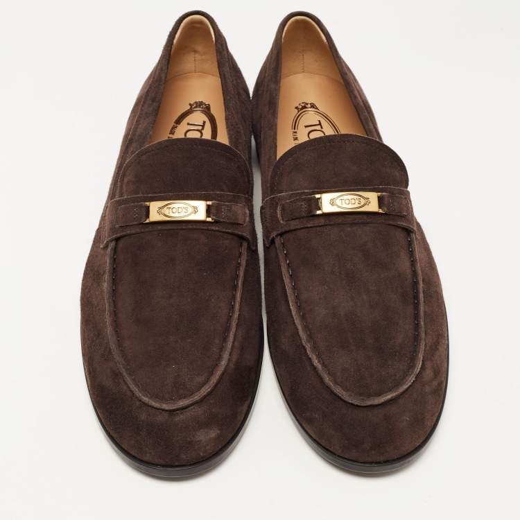 مملوكة مسبقًا Tod's Dark Brown Suede Logo Plaque Loafers Size 42.5 